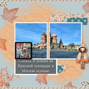 A Dog and a Cat on Red Square in Moscow in Autumn