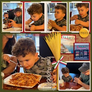 Jaxon enjoying spaghetti at Luigi's - 9.24.2022