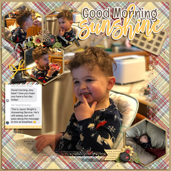 Jaxon having waffles at Grandparents 3.26.22