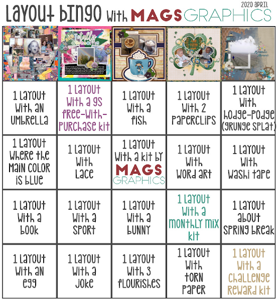 Karen's April 2020 layout bingo card