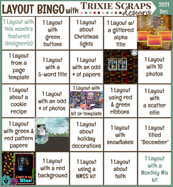 Karen's filled bingo card for December 2021