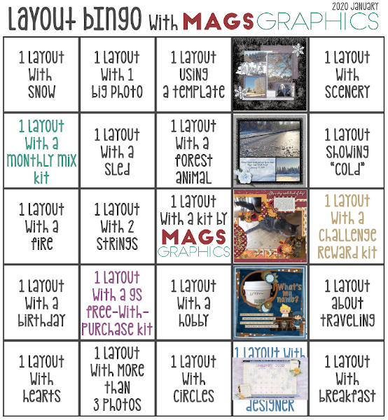 Karen's January 2020 layout bingo card
