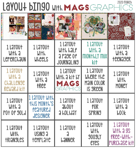 Karen's March 2020 layout bingo card
